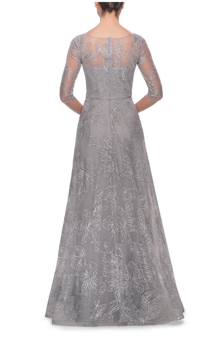 La Femme A-line Lace Sequin Gown with Sheer Scoop Neckline, Alternate, color, Silver