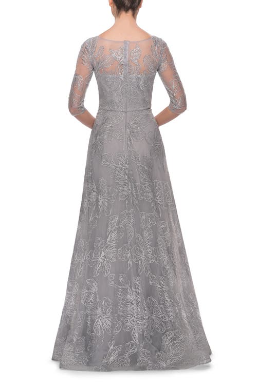 La Femme A-line Lace Sequin Gown With Sheer Scoop Neckline In Silver