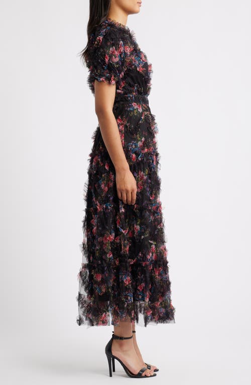 Zoe And Claire Floral Print Ruffle Mesh Maxi Dress In Black