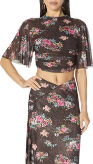 AFRM Kailie Ruched Flutter Sleeve Mesh Crop Top