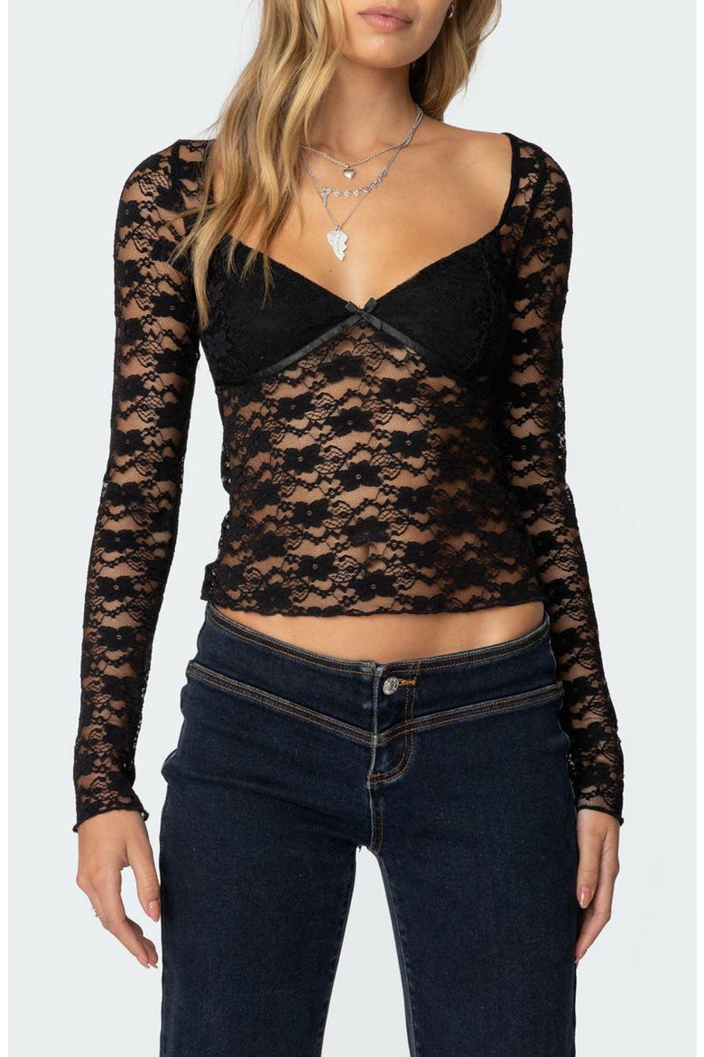 Mykonos Sheer Lace Crop Top, Main, color, BLACK