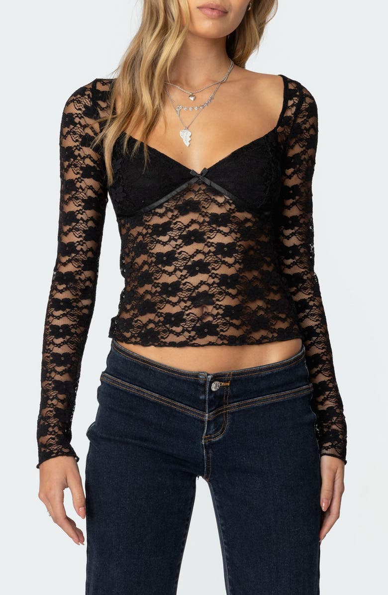 EDIKTED Mykonos Sheer Lace Crop Top, Main, color, Black