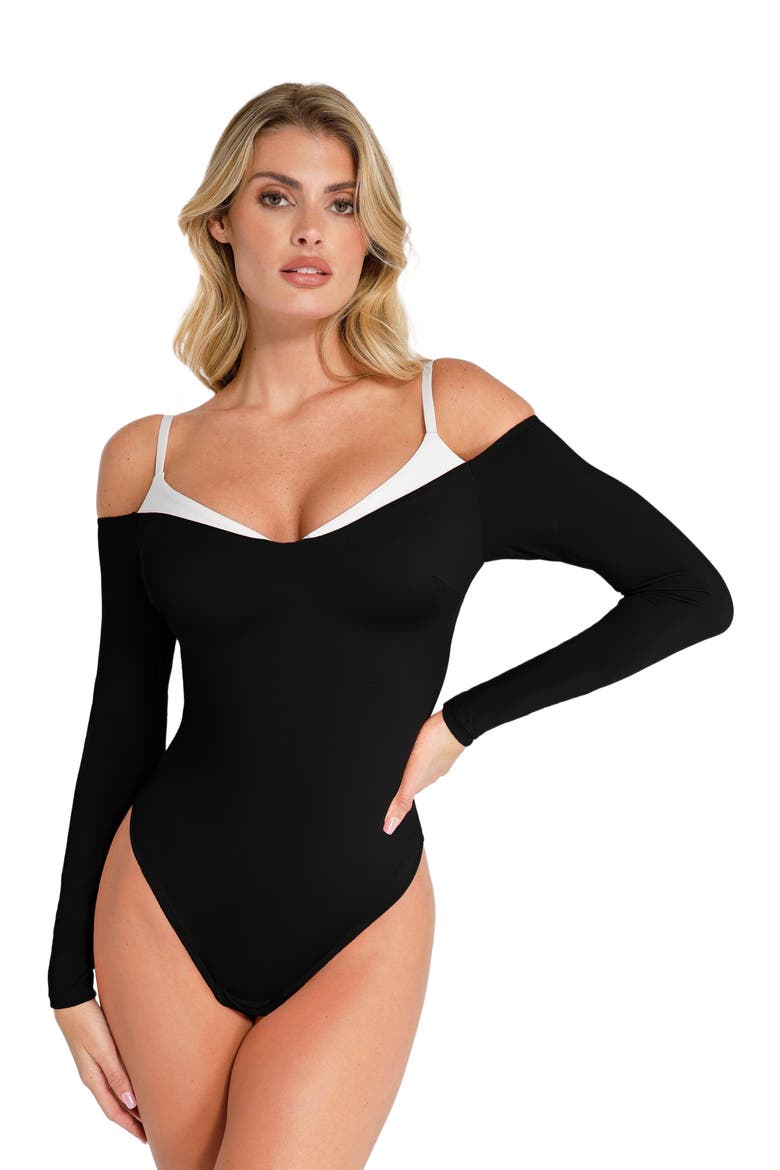 Shapewear Long Sleeve Cold Shoulder Tummy Control Bodysuit, Alternate, color, Standard Black