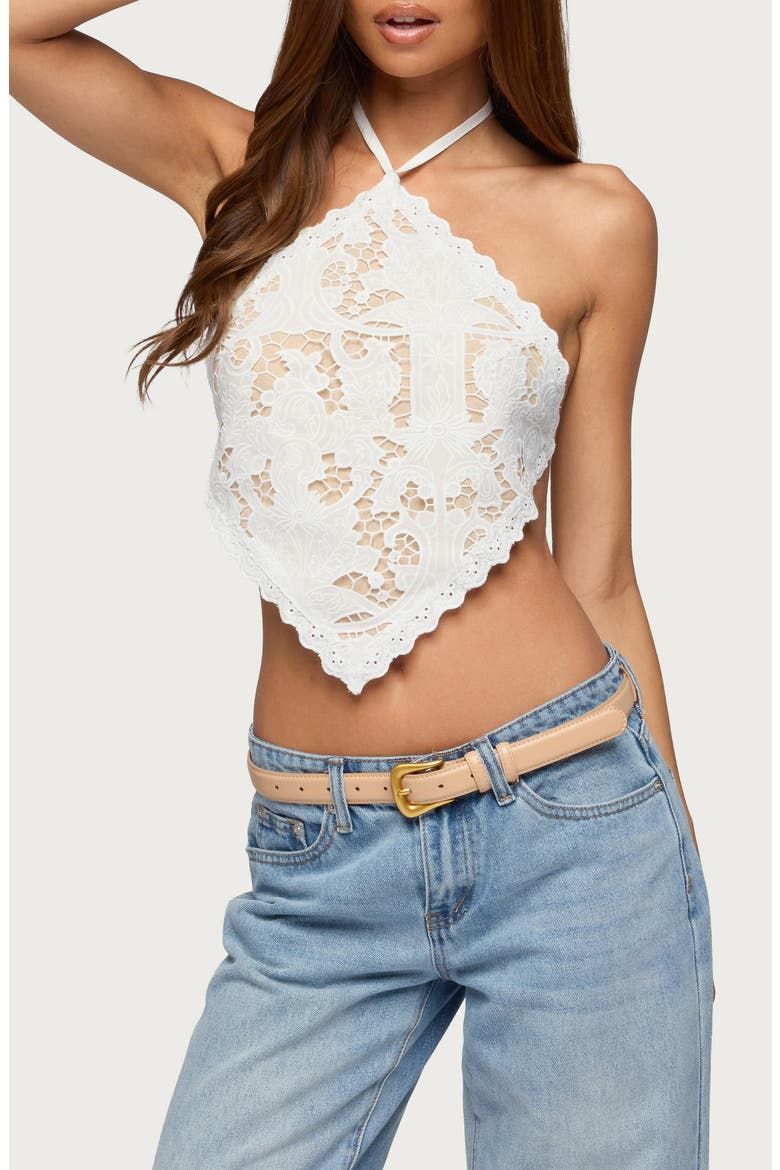 Handkerchief Lace Open Back Halter Top, Main, color, WHITE