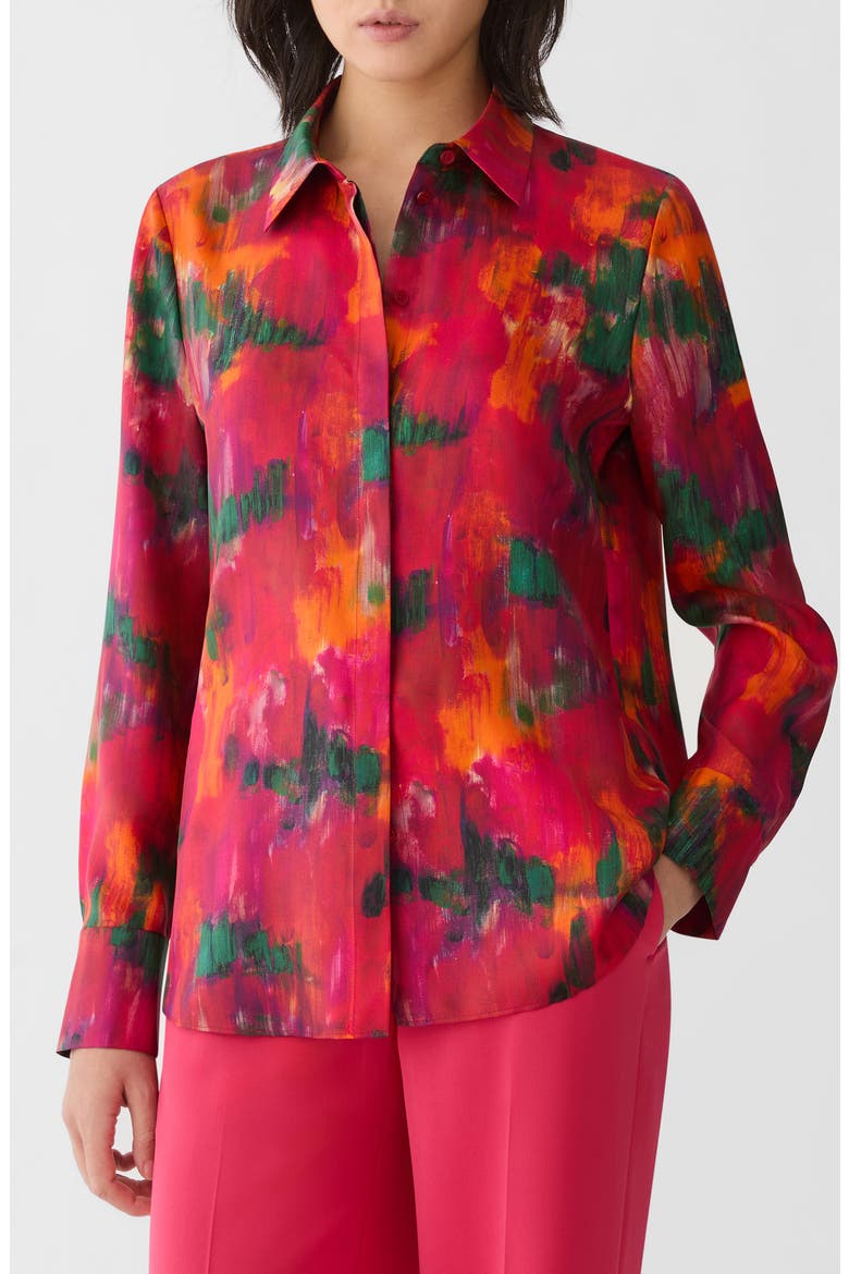 Blossom Print Silk Button-Up Shirt, Main, color, PINK PEONY MULTI