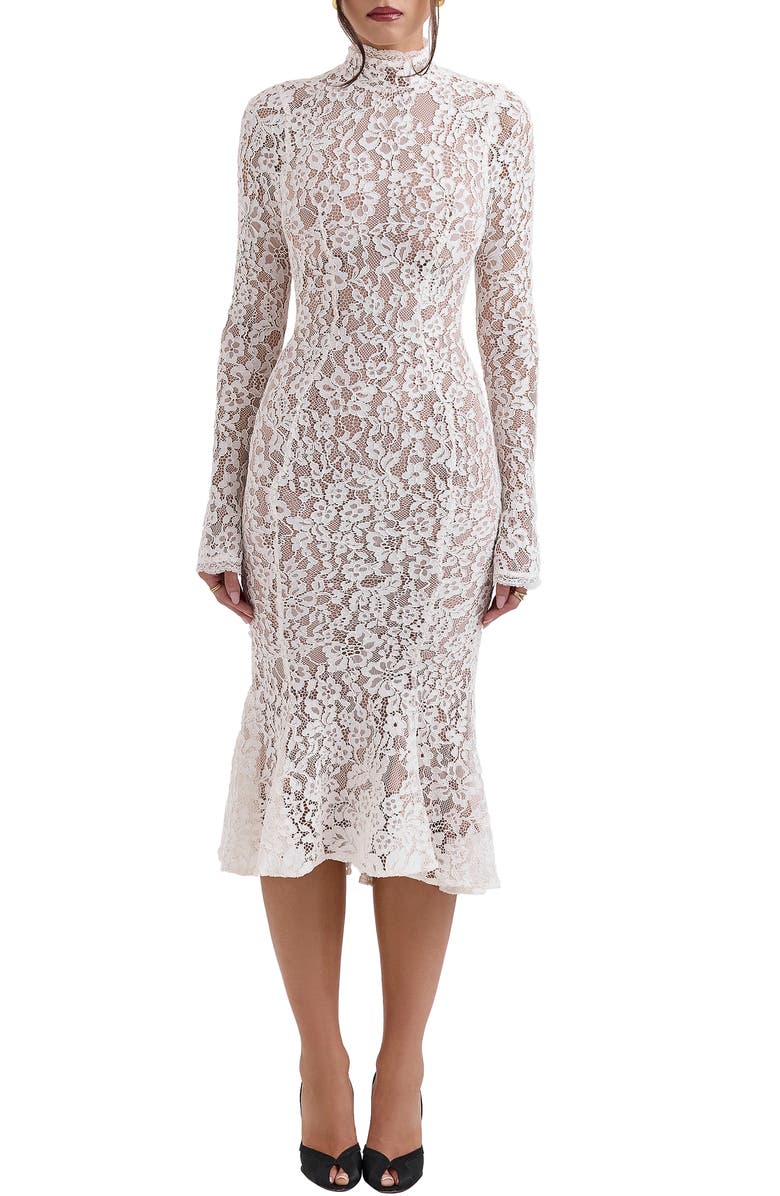 HOUSE OF CB Sophia Long Sleeve Lace Midi Dress, Main, color, Ivory