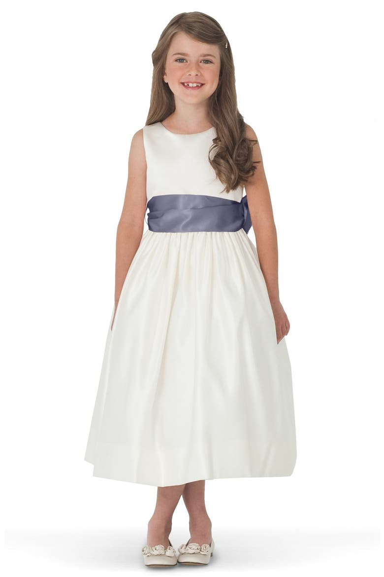 Kids' Sleeveless Satin Communion Dress with Contrast Sash, Main, color, Ivory/ pewter