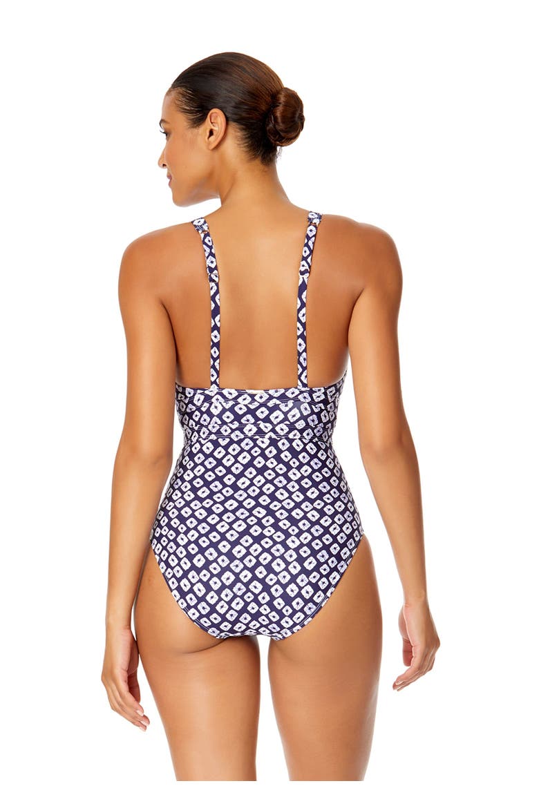 Women's Tie Dye Ikat Double Ring Plunge Front One Piece Swimsuit, Alternate, color, Shibori Geo Blue