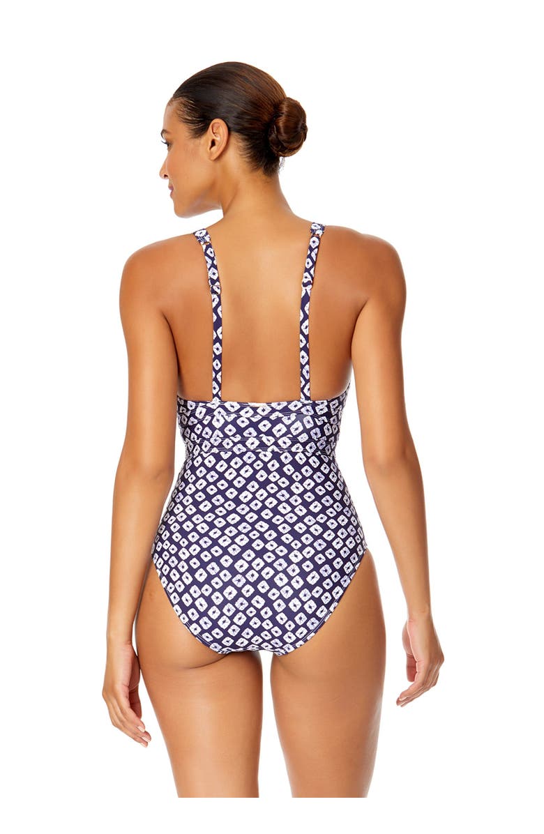 Anne Cole Women's Tie Dye Ikat Double Ring Plunge Front One Piece Swimsuit, Alternate, color, Shibori Geo Blue