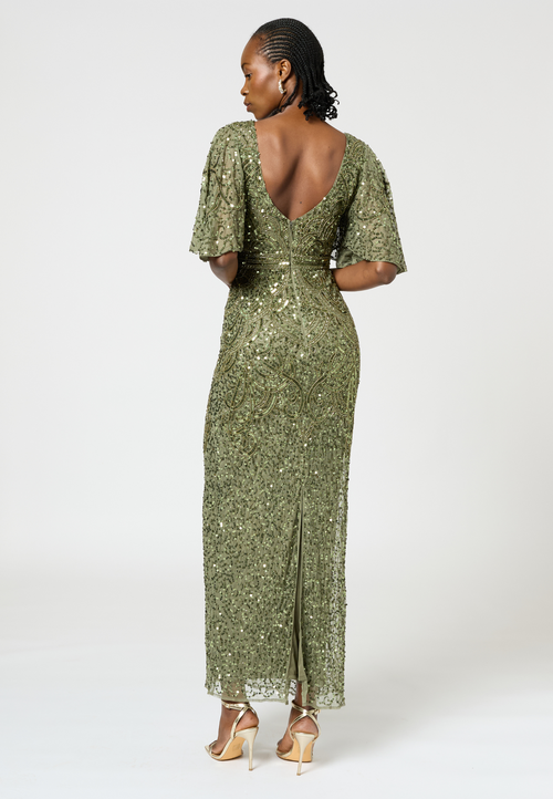 Beauut Embellished Sequin Beaded V Neck With Shor Sleeves Dress In Olive