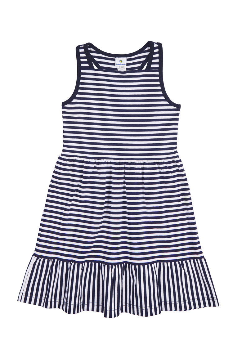 Navy Stripe Knit Dress With Shirred Skirt, Main, color, Navy / White