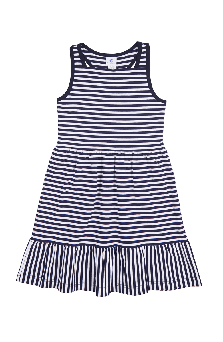 Florence Eiseman Navy Stripe Knit Dress With Shirred Skirt, Main, color, Navy / White