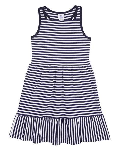 Navy Stripe Knit Dress With Shirred Skirt