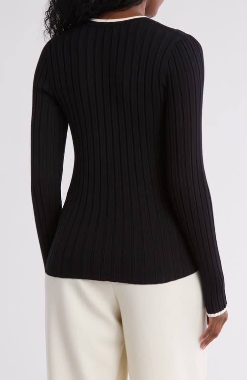 Nordstrom Rack Tipped V-neck Ribbed Cardigan In Black- Ivory Tipping