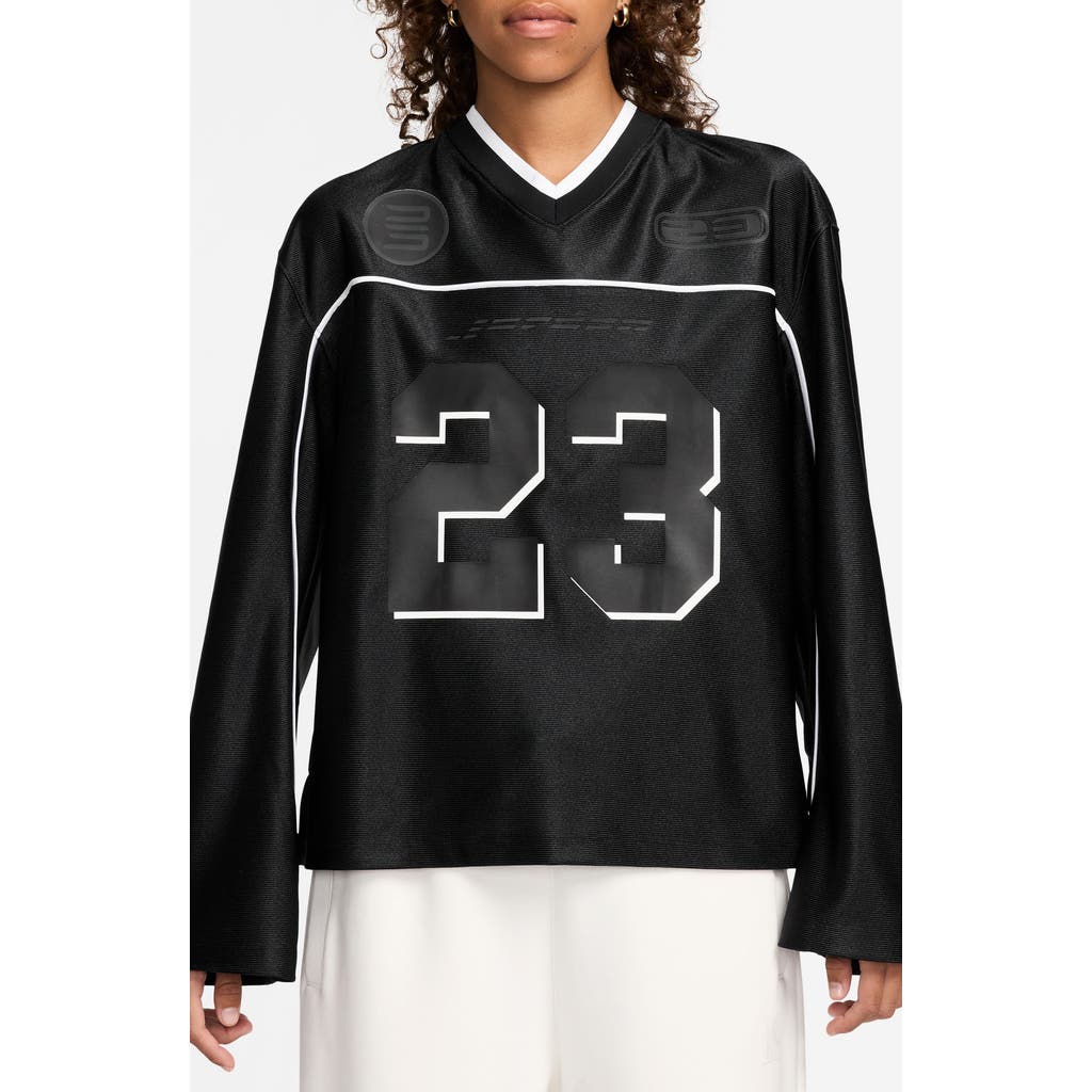 Shop Jordan Oversize Long Sleeve V-neck Jersey Top In Black