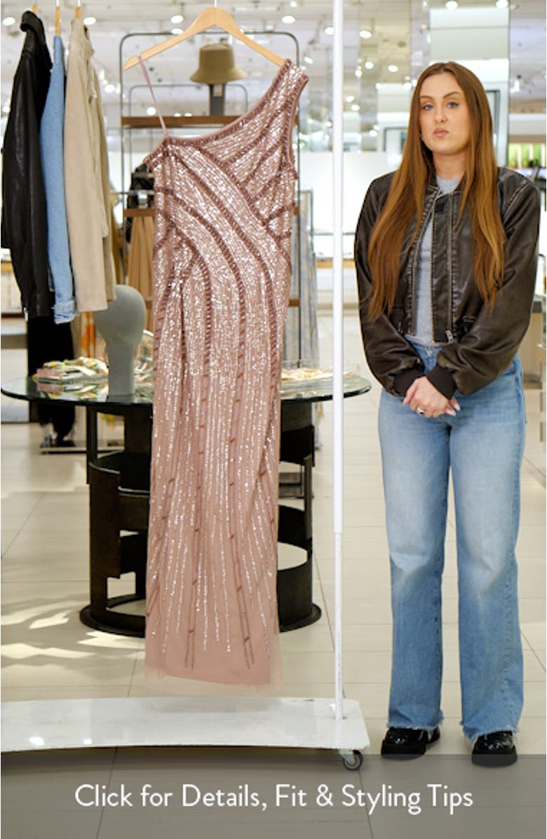 Beaded One-Shoulder Mesh Gown, sales video thumbnail