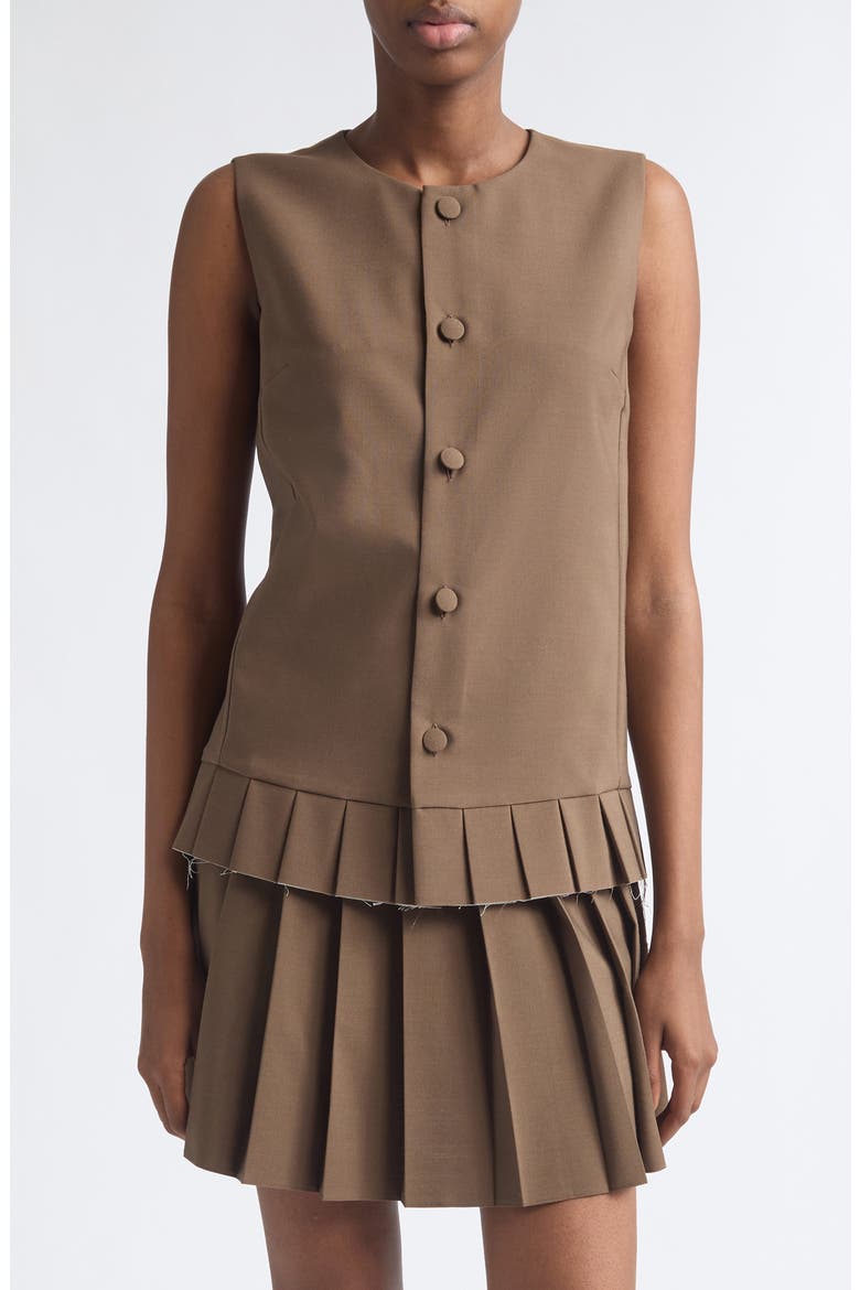 Sleeveless Pleat Hem Button-Up Shirt, Main, color, BROWN