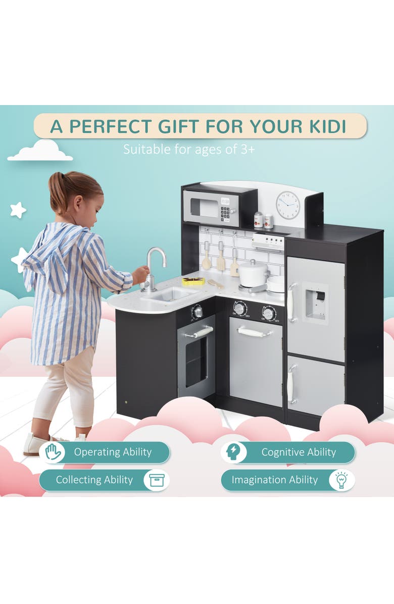 Qaba Kids Play Kitchen Set Pretend Wooden Cooking Toy Set, Alternate, color, Black