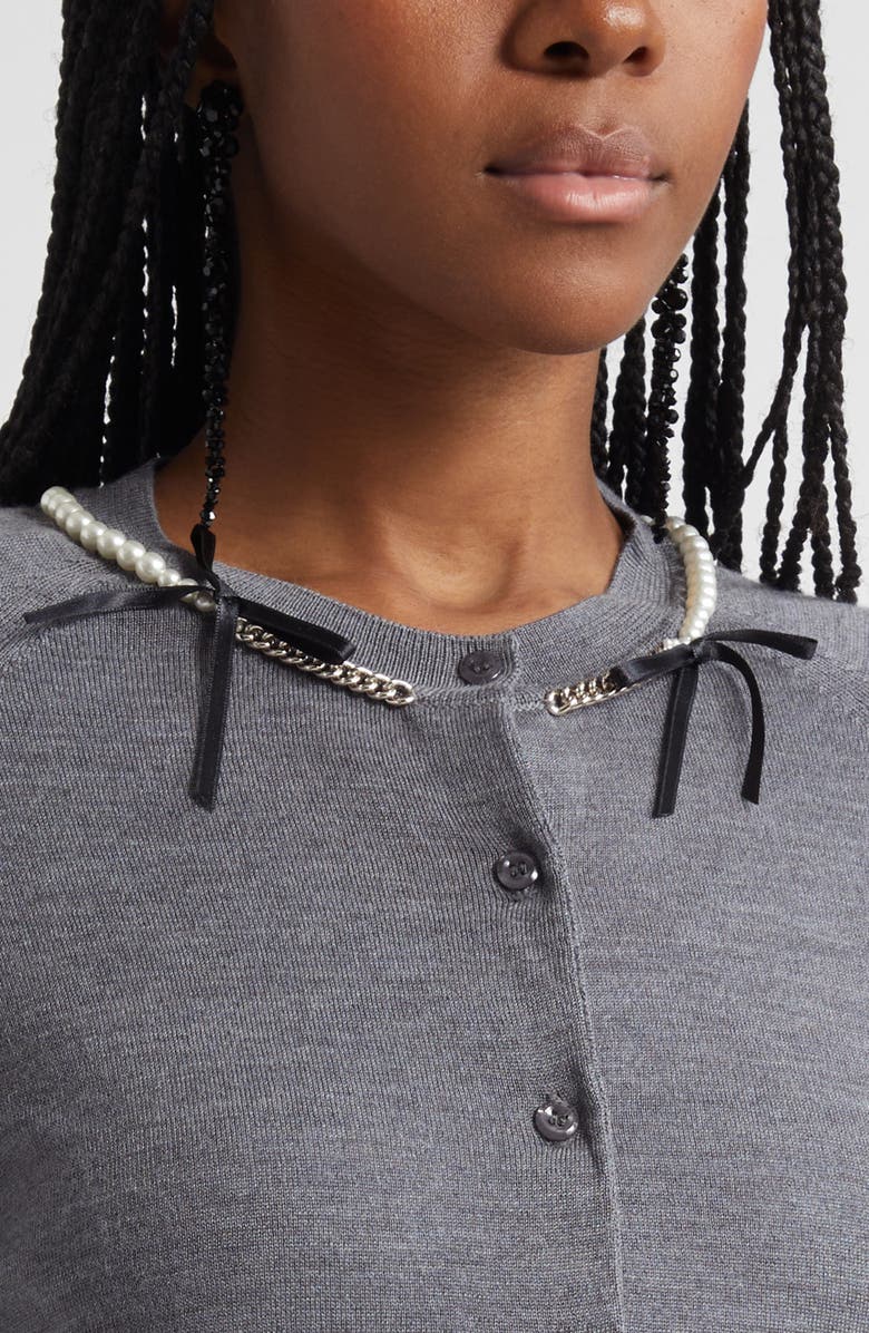 Simone Rocha Classic Long Sleeve Merino Wool & Silk Cardigan with Faux Pearl Detail, Alternate, color, Charcoal/ Pearl