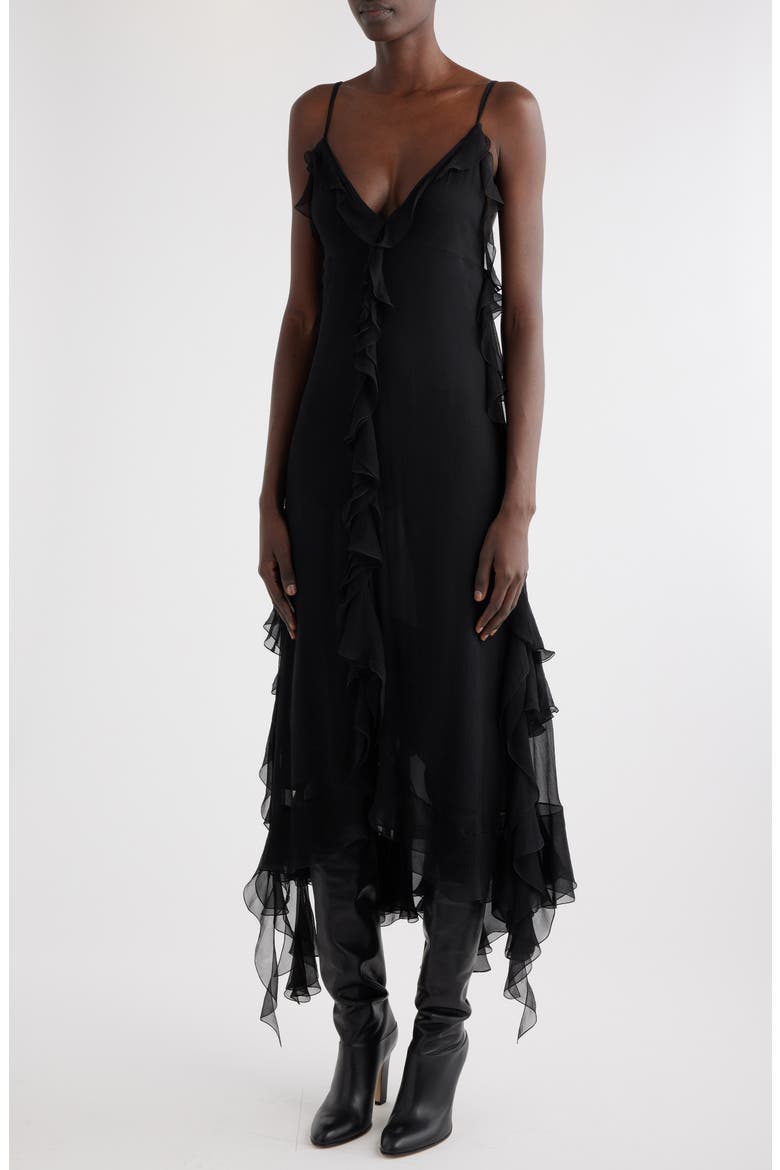 Ruffle Silk Georgette Slipdress, Alternate, color, BLACK