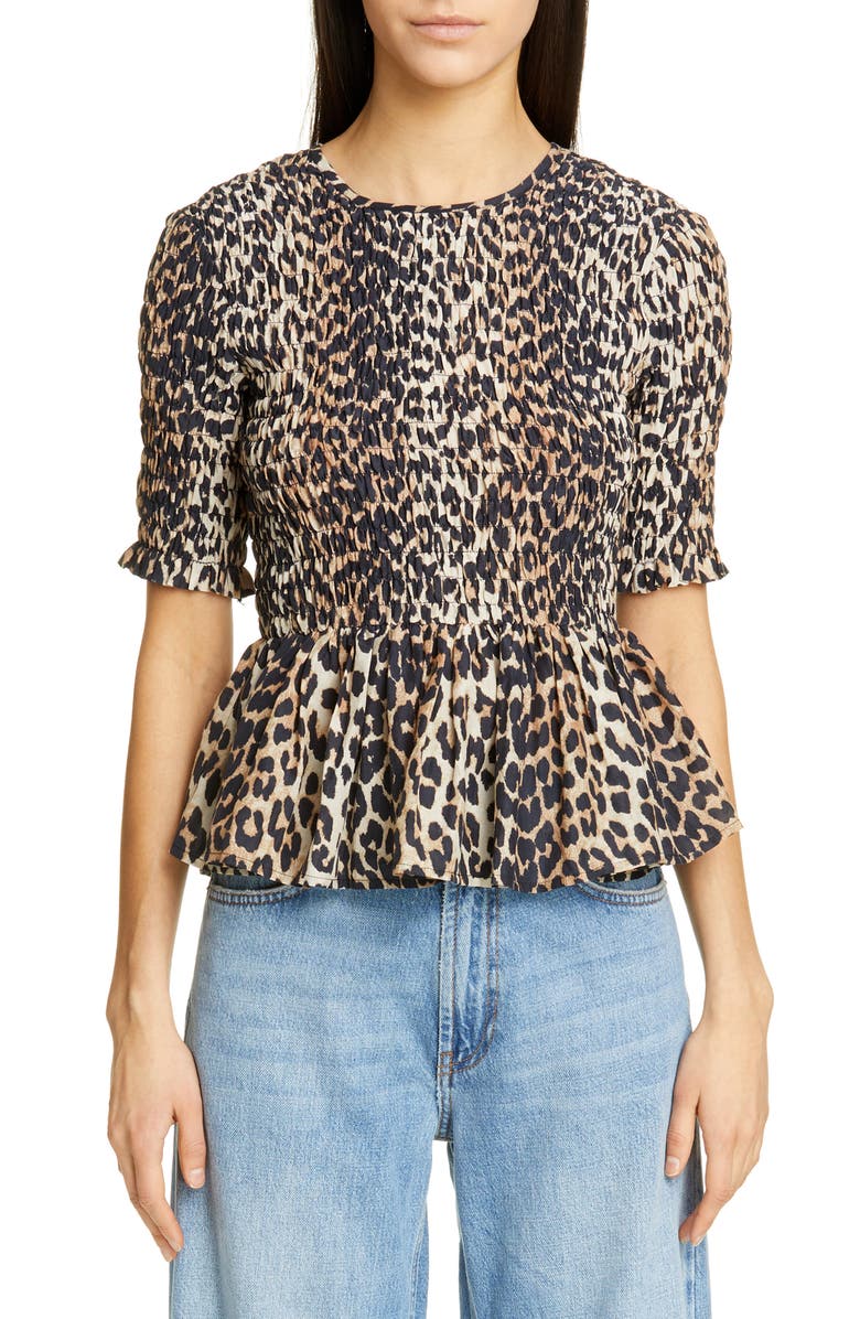 Ganni Leopard Print Cotton & Silk Peplum Top, Main, color,