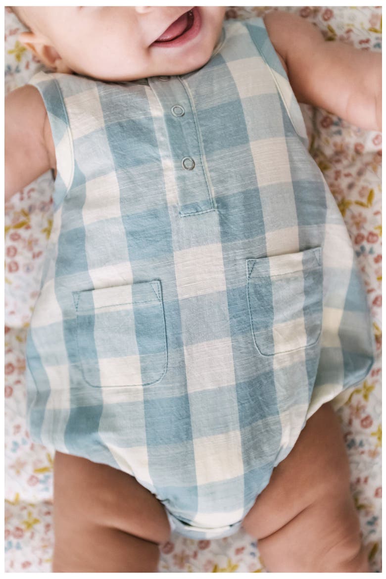 Gingham Check Patch Pocket Organic Cotton Bubble Romper, Alternate, color, CHECKMATE POND