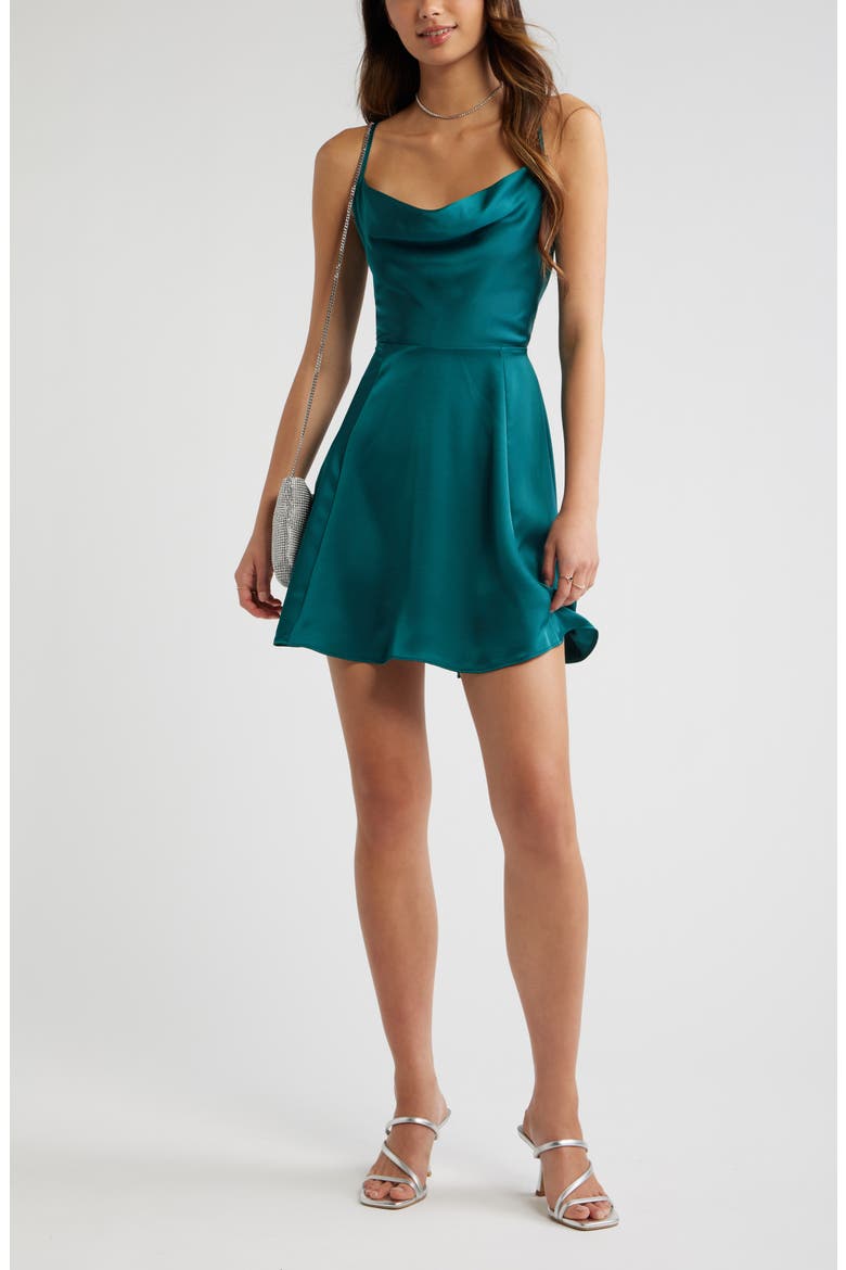 Cowl Neck Satin Fit and Flare Minidress, Alternate, color, GREEN BERRY