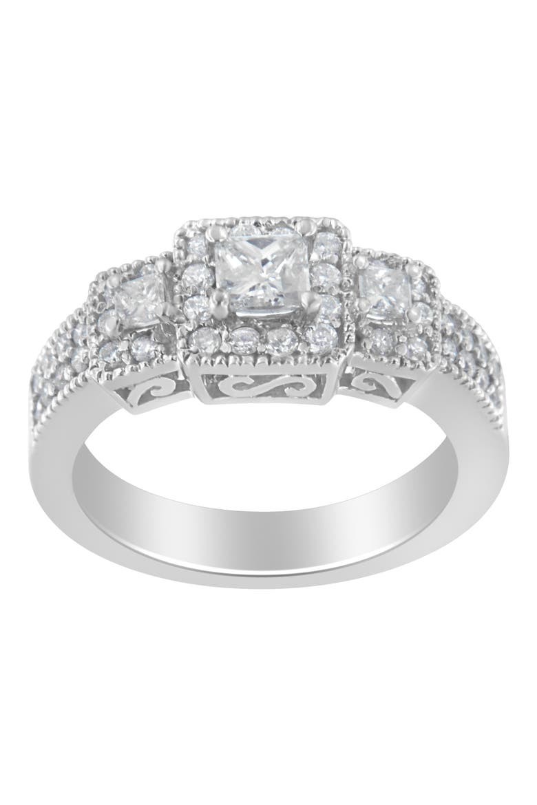 14K White Gold Round and Princess-Cut Diamond Three Stone Ring, Main, color, White Gold
