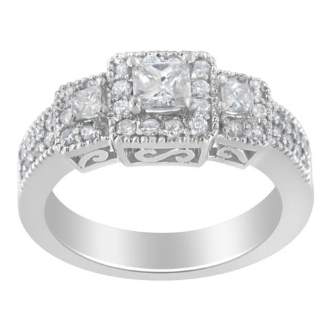 14K White Gold Round and Princess-Cut Diamond Three Stone Ring