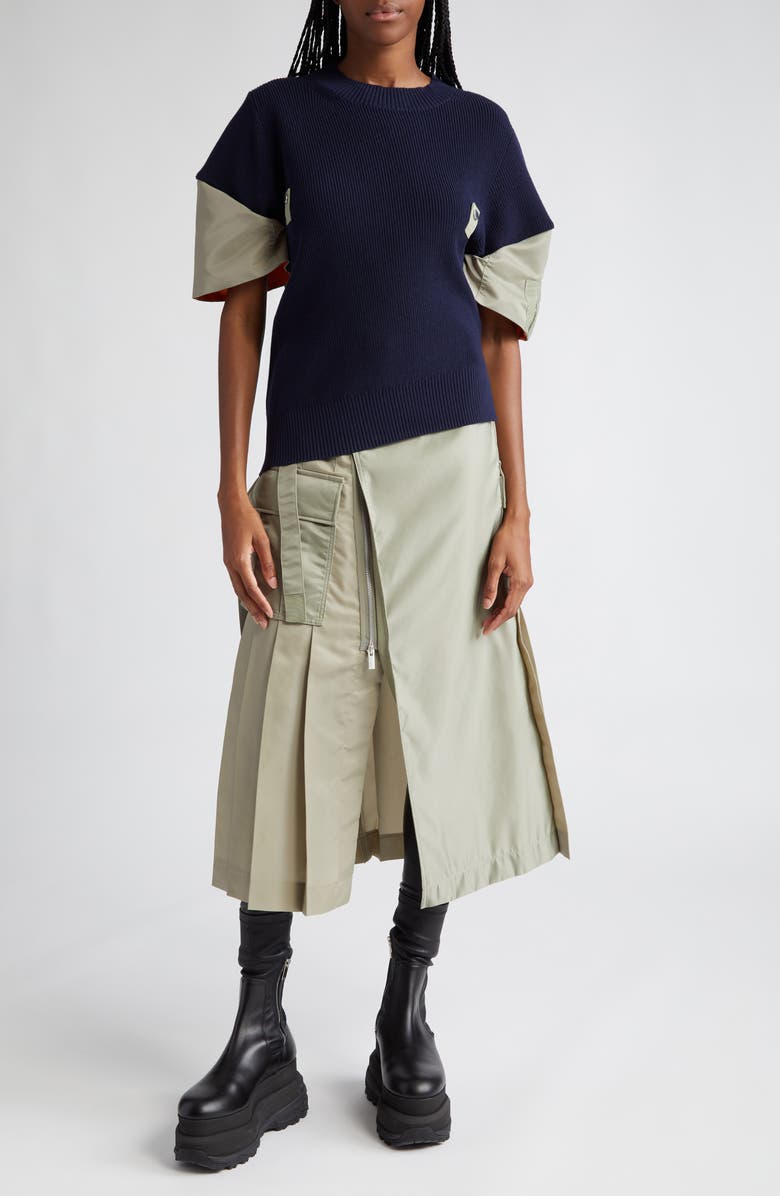 Sacai Mixed Media Asymmetric Cotton Blend Sweater, Alternate, color,