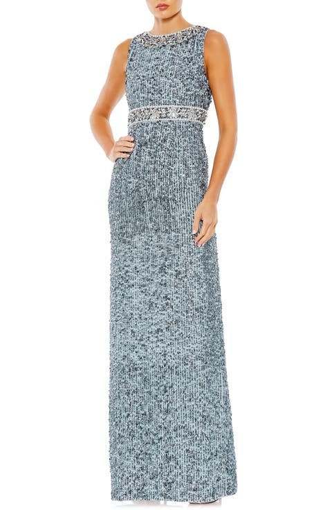 Sequined Sleeveless Embellished Neckline Gown