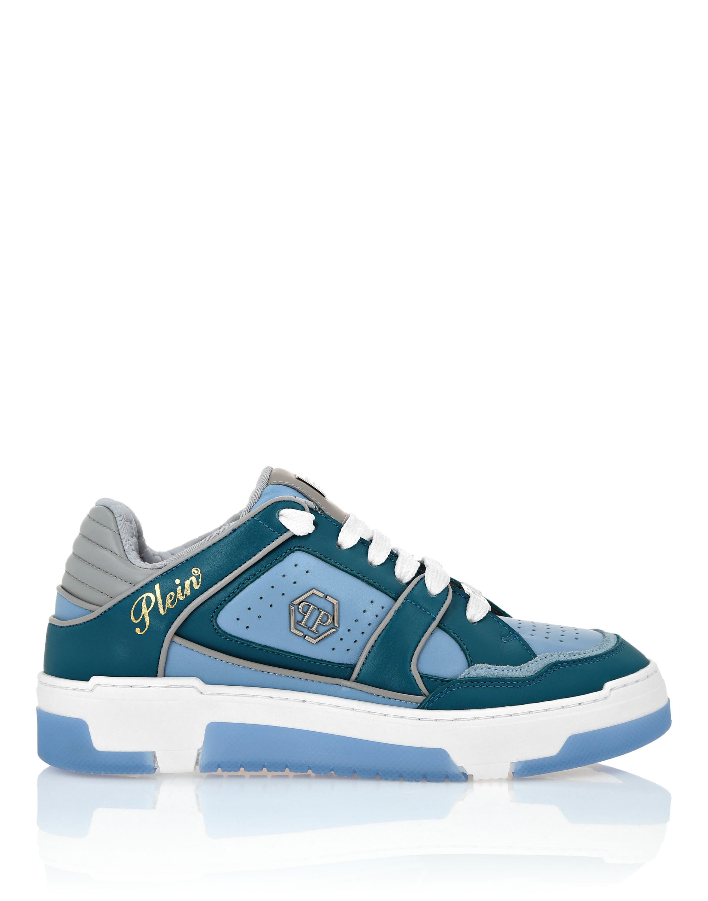Mix Leather Lo-Top Sneakers Hexagon Logo Unisex, Alternate, color, light blue/grey