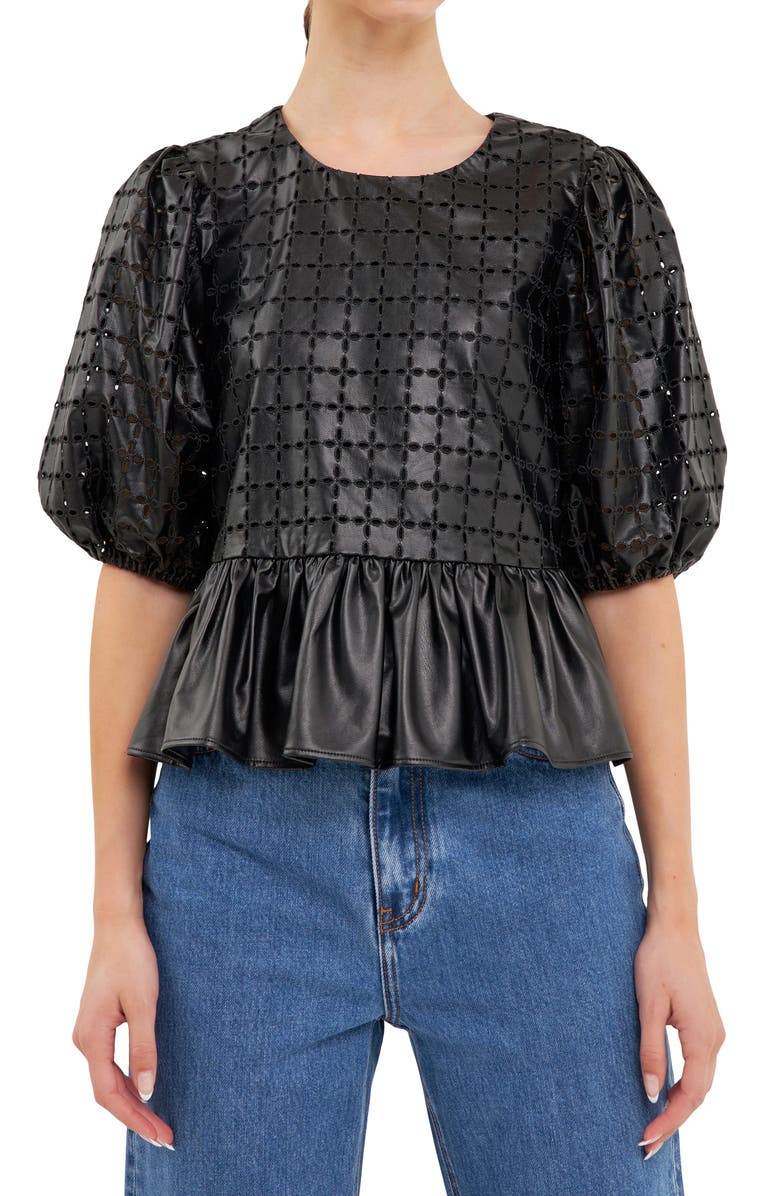 English Factory Puff Sleeve Eyelet Faux Leather Top, Alternate, color, 