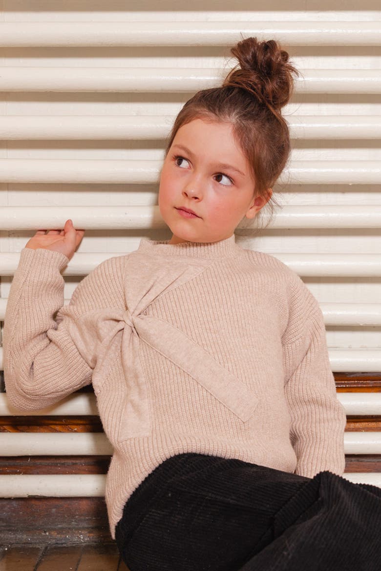 Ribbed Knit Statement Bow Crew Neck Sweater, Alternate, color, Beige