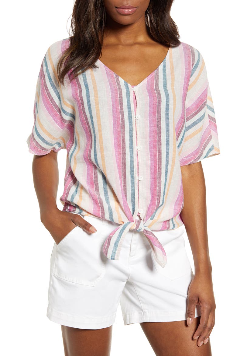 Kelli Stripe Tie Front Linen & Cotton Blouse, Main, color, PINK ALE