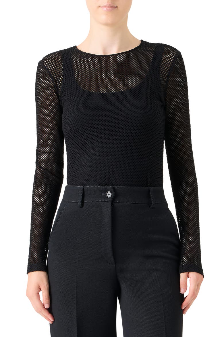 Long Sleeve Sheer Fishnet Top, Main, color, BLACK