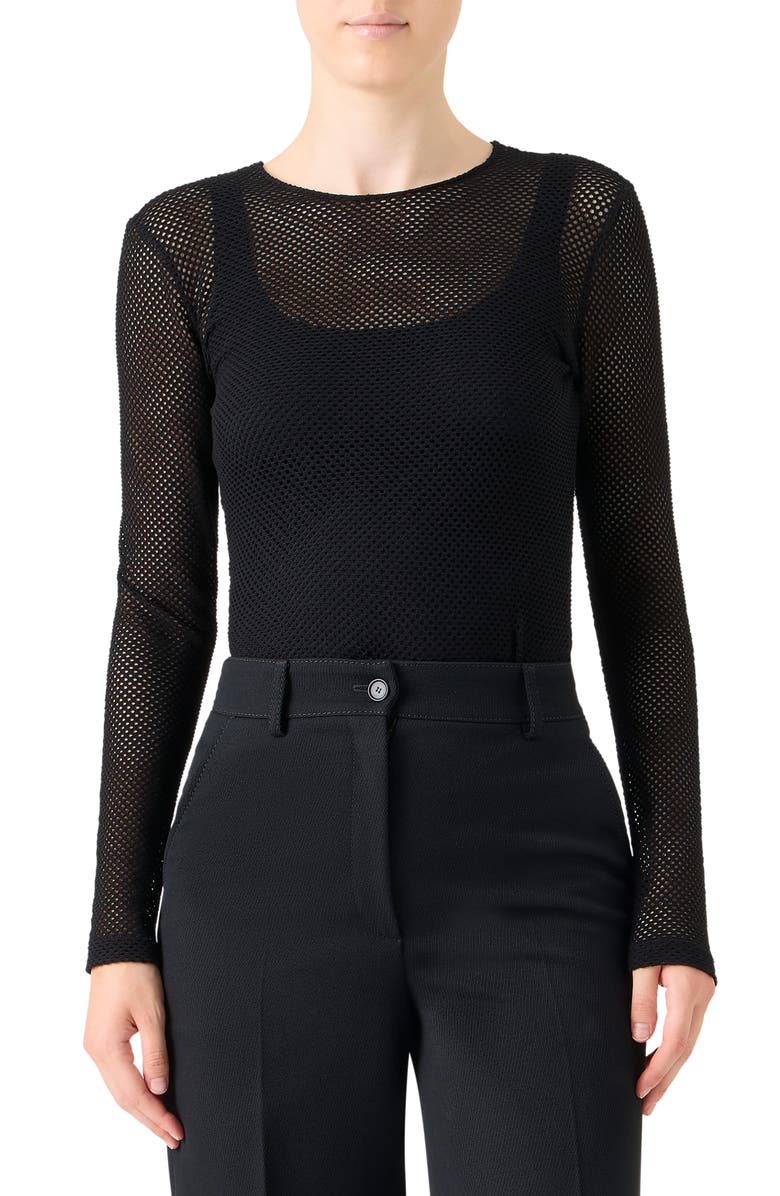 Akris punto Long Sleeve Sheer Fishnet Top, Main, color, Black