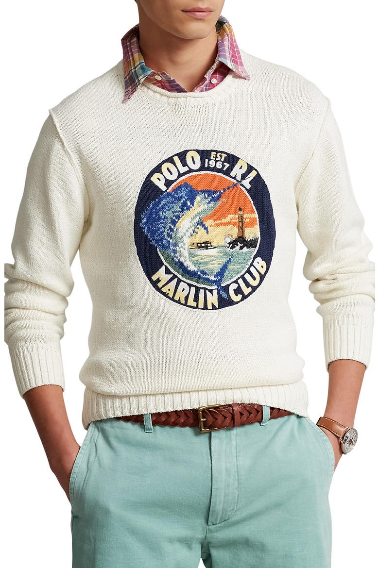 Cotton & Linen Graphic Crewneck Sweater, Main, color, CREAM MULTI