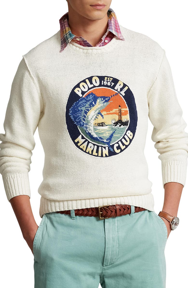 Polo Ralph Lauren Cotton & Linen Graphic Crewneck Sweater, Main, color, Cream Multi