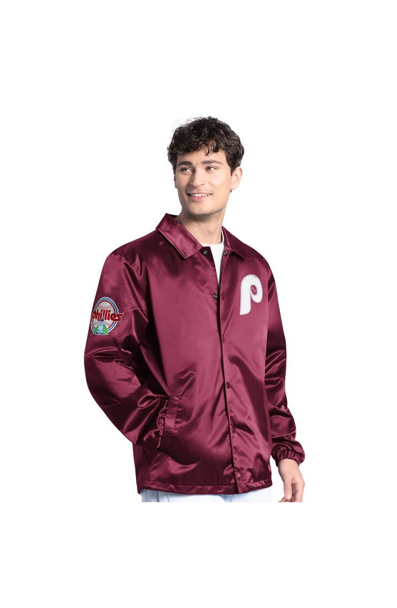 STARTER Men's Starter  Burgundy Philadelphia Phillies Cooperstown Collection Point Man Full-Snap Coaches Jacket, Main, color, Burgundy