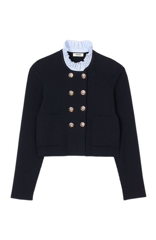 Sandro Cardigan With Removable Ruffled Collar In Navy Blue