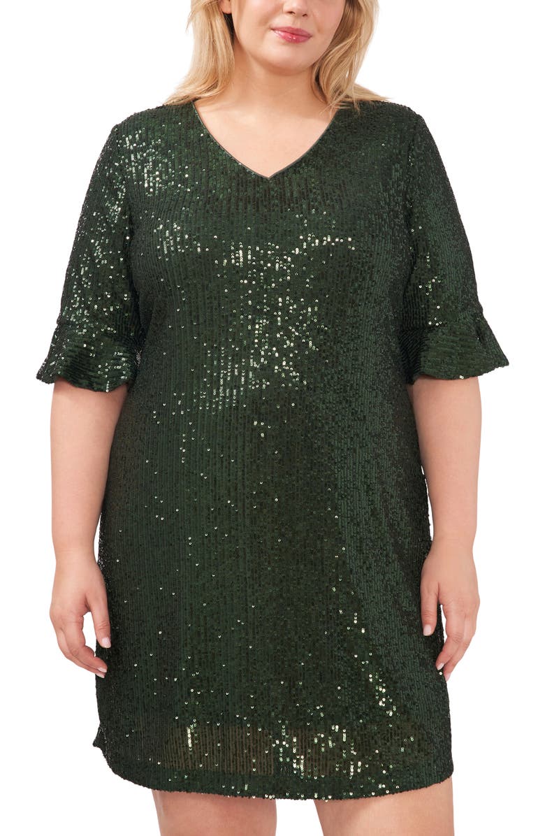 CeCe Sequin V-Neck Cocktail Dress, Alternate, color, Pine Green