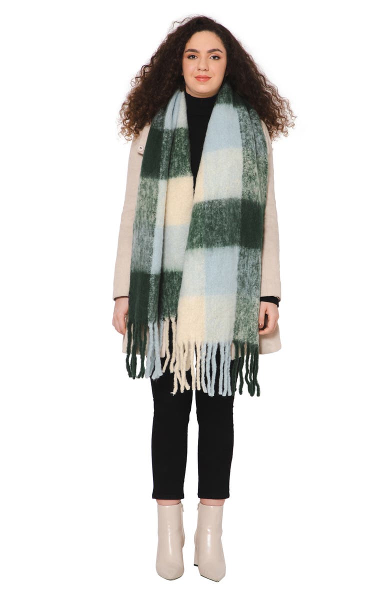 Vismaya Buffalo Check Wool Blend Fringe Scarf, Alternate, color, Beige Olive