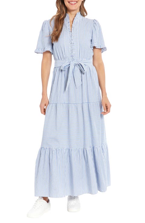 Stripe Short Sleeve Cotton Seersucker Maxi Dress