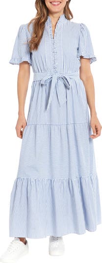 London Times Stripe Short Sleeve Cotton Seersucker Maxi Dress