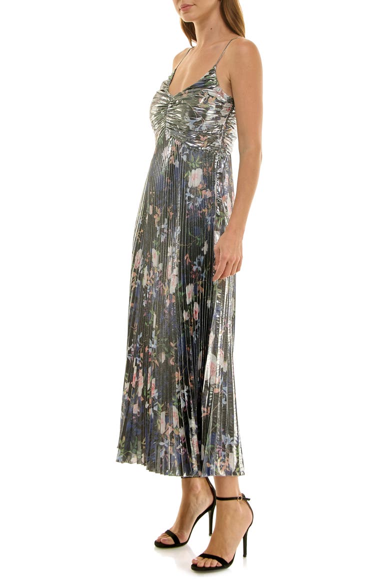 Metallic Floral Empire Waist Pleated Midi Dress, Alternate, color, SPRING BLACK METALLIC