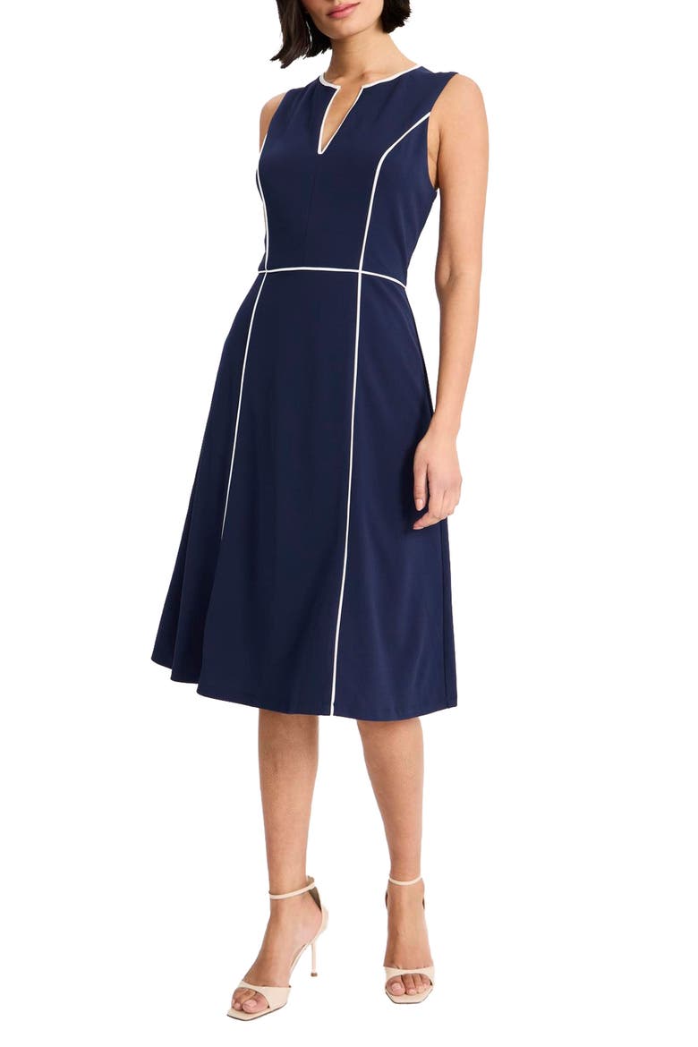 Piped Fit & Flare Midi Dress, Alternate, color, NAVY BLAZER