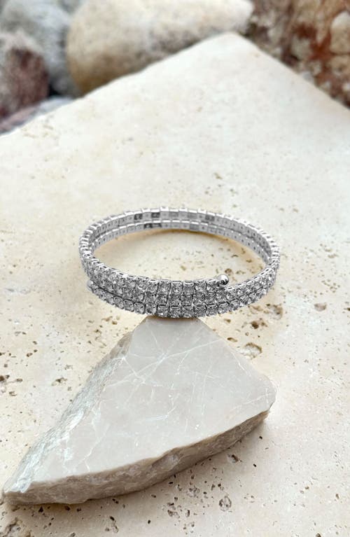 Adornia Silver Plated Coil Stretch Crystal Tennis Wrap Bracelet In Metallic