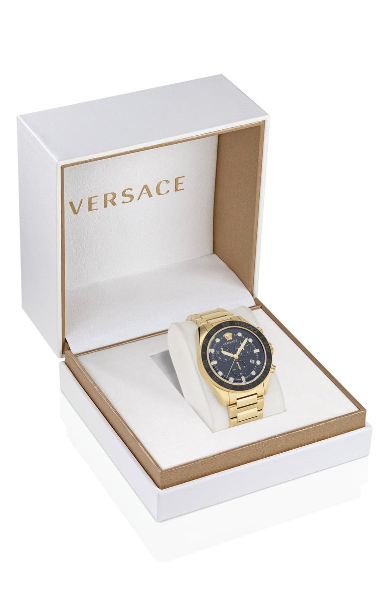 Versace Greca Dome Chronograph Bracelet Watch, 43mm, Alternate, color, Ip Yellow Gold