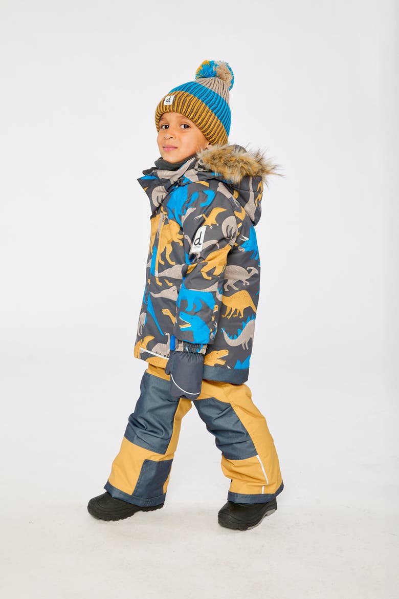 Play Dinosaur Jacket & Reinforced Pants Two Piece Snowsuit, Alternate, color, Grey and Blue Dinosaur Print
